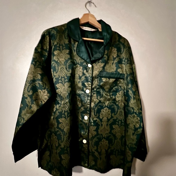 Victoria’s Secret Vintage Satin 2 Piece Pajamas Green Gold Jaquard Print - Picture 2 of 8